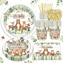 120PCS Woodland Baby Shower Party Supplies - Serves 20 Guests (White Woodland)