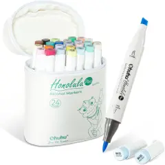 Ohuhu Alcohol Markers Supreme Brush Tip: 24-Color Brush & Chisel Double Tipped Art Marker Set for Artist Adults Coloring Illustrations -Honolulu Plus-Refillable