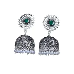Indian Oxidized Jhumka Earrings for Women - Indian Floral Oxidized Jhumki Ethnic Chandbali Earrings Faux Pearls with Oxidized Platting Bollywood Style Dangle Earring Jewelry for Bride GREEN