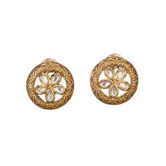 Indian Kundan Stud Earrings for Women - Kundan & Pearl Tassel Round Earrings, Small Tops Earring, Golden Tone Bollywood Style Dangle Earrings, Chandelier Jhumki Jewelry, Bridal Earrings, Gift for Her
