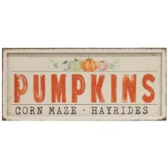 Rustic Pumpkin Corn Maze Hayrides Metal Wall Sign with Orange and Black Accents for Autumn