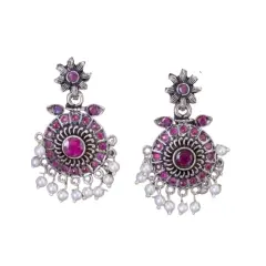 Indian Oxidized Jhumka Earrings for Women - Round Oxidized Jhumki Ethnic Chandbali Earrings Faux Pearls with Oxidized Platting Bollywood Style Dangle Earring Jewelry for Bride Gift for Her Ruby