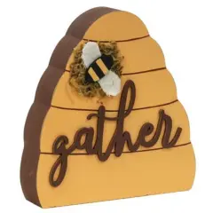 Wood Beehive Sitter with Bumblebee Accent, Freestanding Rustic Decor