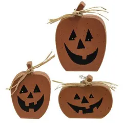 Wooden Pumpkin Sitters Set of 3 with Tags and Raffia Accents
