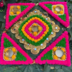 Rangoli Mat with Tea Light Candle Holder for Diwali Christmas Onam Pongal Decorations Pompom Rangoli Floor Home Temple Table Decor - Indian Traditional Deepawali Decoration (1 Pcs)