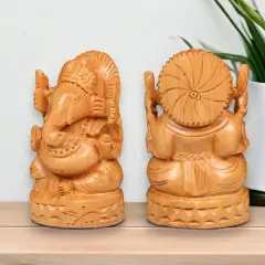 Wooden Ganesha Idol Hand Carved Lord Ganesh Wood Sculpture Gajanana Ganpati Bappa Figurine for Pooja - Home Decor Office Desk Hindu God Idol Murti Good Luck & Success - Hindu God Idol