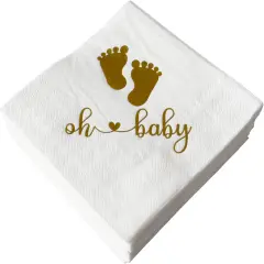 Pack of 50 Baby Shower Oh Baby Napkins 3 Ply (White & Gold)