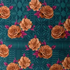 1 Yard Polynesian Rose Geometric Peachskin Fabric with Floral Border Print 44/45 Inches Width Teal