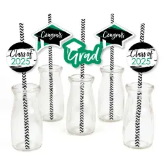 Big Dot of Happiness Green 2025 Graduation Paper Straw Decor - Party Striped Decorative Straws - Set of 24