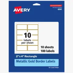 Avery Printable Rectangle Labels, 2" x 4" Shipping Labels, Matte White with Metallic Gold Border, Permanent Adhesive, Laser & Inkjet Compatible, 100 Blank Labels (6541)