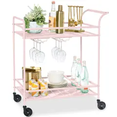 Best Choice Products 2-Tier Rolling Bar Cart Indoor/Outdoor w/ Storage Shelves, Wine Rack, Lockable Wheels Pink