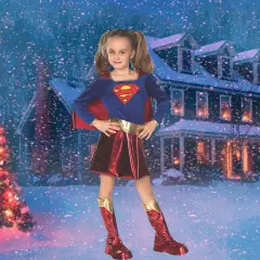 Girls Supergirl Costume Dress Cape Belt and Boot Tops