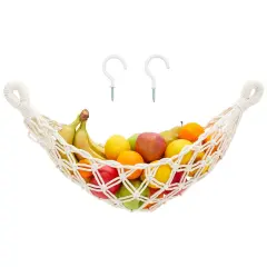 Macrame Fruit Hammock for Kitchen Under Cabinet with 2 Hooks, Hanging Net Basket for Bananas and Produce Storage (6 x 25 x 15 In) White