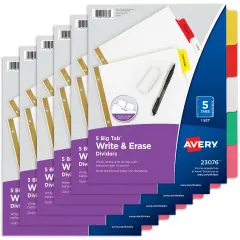 Avery Big Tab Write & Erase Dividers for 3 Ring Binders, 5-Tab Set, Multicolor Divider Tabs, Great for Organizing Projects, Reports, Finances, and More (6-Pack of 23076)