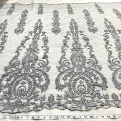 1 Yard Luxurious Beaded and Corded Bridal Lace Fabric Embroidered on 100% Polyester Net Mesh Blush 54" Width Grey