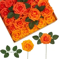 Artificial Flowers, 50 Pcs Shades of Orange Foam Fake Roses Bulk with Stems for Decoration DIY Wedding Bouquets