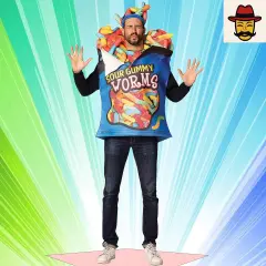 Colorful Sour Gummy Worms Adult Costume with 3D Details for Halloween Fun