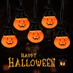 Halloween Pumpkin String Lights with Wizard Hat - Hooded Pumpkin Lights