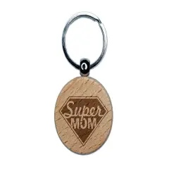Super Mom Mother's Day Superhero Diamond Engraved Wood Round Keychain Tag Charm