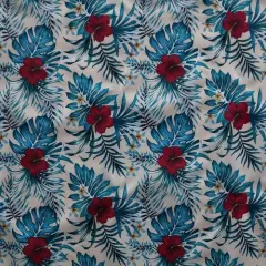 1 Yard Hibiscus Monstera Palm Leaves Polyester Fabric, 60" Wide Tropical Print Beige