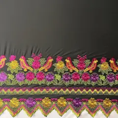1 Yard Floral Bird Embroidered Double Border Polyester Fabric 56 Inch Width Blck/ Frnch Fuchsia