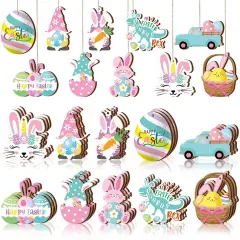 Chunful 30 Pcs Happy Easter Wooden Ornaments with Ropes Spring Egg Gnome Bunny Carrot Basket Holiday Easter Decorations Wood Bunny Ornament Embellishments Decorative Hanging Ornaments for Party