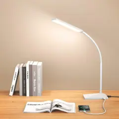 LED Desk Lamp with USB Charging Port, Eye-Caring, 5 Color Modes,6 Brightness Levels, Touch Control, Flexible Gooseneck, Memory Function for Dorm Office Work Bedroom