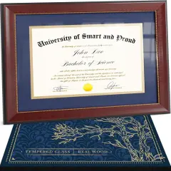 Wooden College Diploma Frame 8.5 x 11 &ndash; Blue Mat with Golden Rim &ndash; Certificate Frame 11x14 without Mat &ndash; Graduation Gift &ndash; Degree Frame and Certificate Holder College &ndash; Document Frame