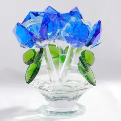 Blue Rose Flower Crystal Figurine with Vase, Handmade Bouquet Flowers Gifts for Wife Girlfriend Women Ornament , Crystal Flower Collectible Home Table Decor ​for Valentine's Day Wedding Anniversary