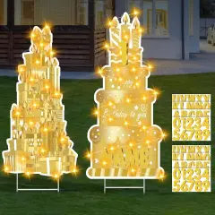 Happy Birthday Yard Sign with Stakes for Birthday Decor LED Lights White Gold Birthday Lawn Sign 27.6" Large Personalized Signs with Number Letter Stickers for Celebrations Birthday Party Decoration