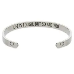 Inspirational 7" Silver Cuff Bracelet for Women, Motivational Engraved Bangle, Life is Tough but So Are You (One Size Fits Most)