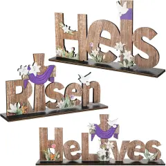 3 Pcs Easter Table Decor He is Risen Tabletop Decorations He Lives Wooden Signs Religious Jesus Cross Rustic Table Centerpiece for Easter Party Home Dinner Spring Decor