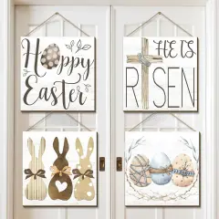 4 Pcs Easter Wall Decor He Is Risen Door Sign Bunny Egg Wood Wall Hanging Plaque Rustic Easter Welcome Door Sign Farmhouse Easter Wall Pediments Decorations for Easter Home Front Door Decor