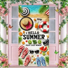 Hello Summer Door Cover Banner 71x35 Inch Summer Hawaiian Party Decorations for Front Porch Photo Background Decor Door Decorations