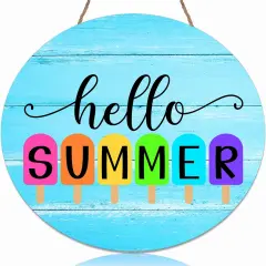Hello Summer Door Sign Ice Lolly Summer Door Hanger Wooden Front Door Decor Beach Hanging for Farmhouse Home Porch Garden Yard Decor, 12 Inch