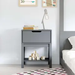 Emma and Oliver Samuel Kids Single-Drawer Night Stand with Solid Wood Frame, Side Table for Kids Bedroom with Open Shelf Gray