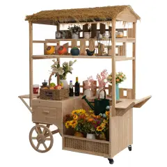 Vintiquewise Versatile Multi-Tier Shelves Wooden Rolling Cart - Perfect for Festival, Event Stand, Food Tasting Table, Garden Floral Display Rack, & Home Decor with Straw Roof and 2 Wood Wheels