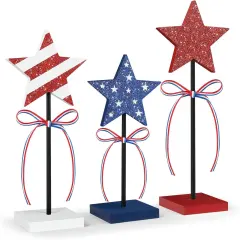 4th of July Tiered Tray Decor Wooden Star Set, 3 Pcs Memorial Day Table Decorations, Rustic Patriotic Tabletop Home Decor, Red White and Blue Decorations for Home (Shiny)