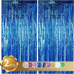 2 Pcs Blue Door Streamers Tinsel Curtain Party Backdrop Fringe Foil Wall Background for Birthday Halloween Christmas Wedding Boys Baby shower Party Decoration(3.28 ft x 6.56 ft)