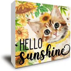 Yellow Summer Sunshine Sunflower Cat Wood Box Sign Decor, Cute Cat Home Office Desk Decor for Cat Lovers Gifts, Cat Decor Shelf Tabletop Decoration, Cat Mom Gifts, 5 x 5 Inches
