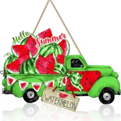 Hello Summer Door Sign Watermelon Truck Wooden Sign Summer Door Decor Welcome Sign for Front Door Green Truck Wooden Hanging Decorations for Indoor Outdoor Farmhouse Porch Decor，12 X 8 Inch