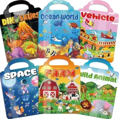 6Set Puffy Sticker Books for Kids 2-4, 3D Reusable Stickers Books for Toddlers 1-3,2-4,Farm+Animal+Dinosaurs+Ocean World+Space+Vehicle