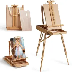 ARTIFY French Easel, Foldable Portable Art Field Easel with Artist Drawer, Palette, Hold Canvas up to 34", Adjustable Beechwood Sketchebox Easel for Painting