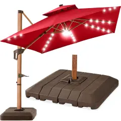 Best Choice Products 10ft Square Woodgrain Pattern 2-Tier Outdoor Solar LED Cantilever Umbrella w/ Base Red