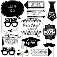 Big Dot of Happiness Black and White 2025 Graduation Party Photo Booth Props Kit - 20 Count
