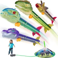Dinosaur Toy Rocket Launcher for Kids - Launch up to 100 Ft, 4 Rockets, Outdoor outside Toys for Kids, Dinosaur Toys, Birthday Gifts for 3 4 5 6 7 8-12 Year Old Boys Girls Assorted