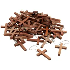 Bright Creations 50-Pack Mini Wooden Cross Keychains Bulk for Christian Party Favors, Easter Crafts, Necklace and Bracelet Charms for Jewelry Making (1.2x1.7 in) Brown