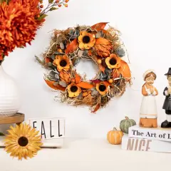 Northlight Sunflower and Wheat Artificial Fall Harvest Wreath - 12" - Unlit Orange