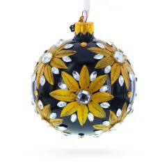 Golden Glitter Sunflower with Crystal Embellishments Glass Ball Christmas Ornament 3.25 Inches