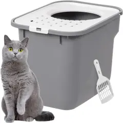 IRIS USA Square Top Entry Cat Litter Box with Scoop, Gray/White